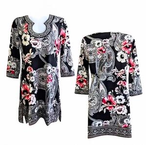 WHBM Paisley Floral Embroiderd Tunic Top/Mini Dres Metallic Silver Accent. Sz. L